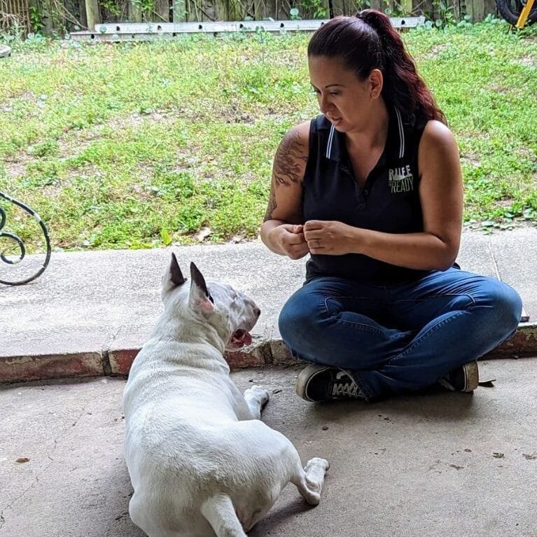 Amanda sitting on the ground with a bull terrier working on dog behavior modification with a dog who displays anxiety. 